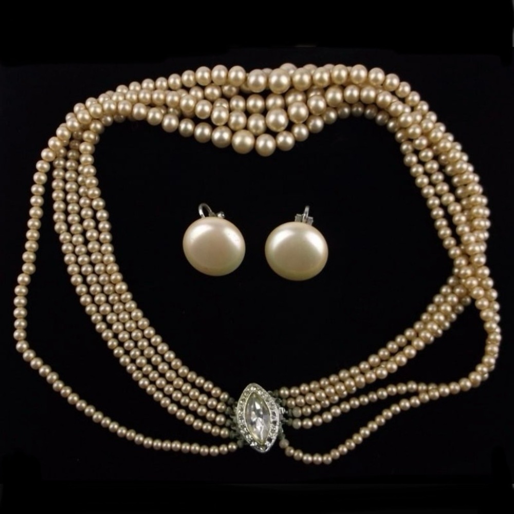 Vintage 1950s Marvella‎ Pearl Necklace & Earrings Set 16" (PLS READ DESCRIPTION)